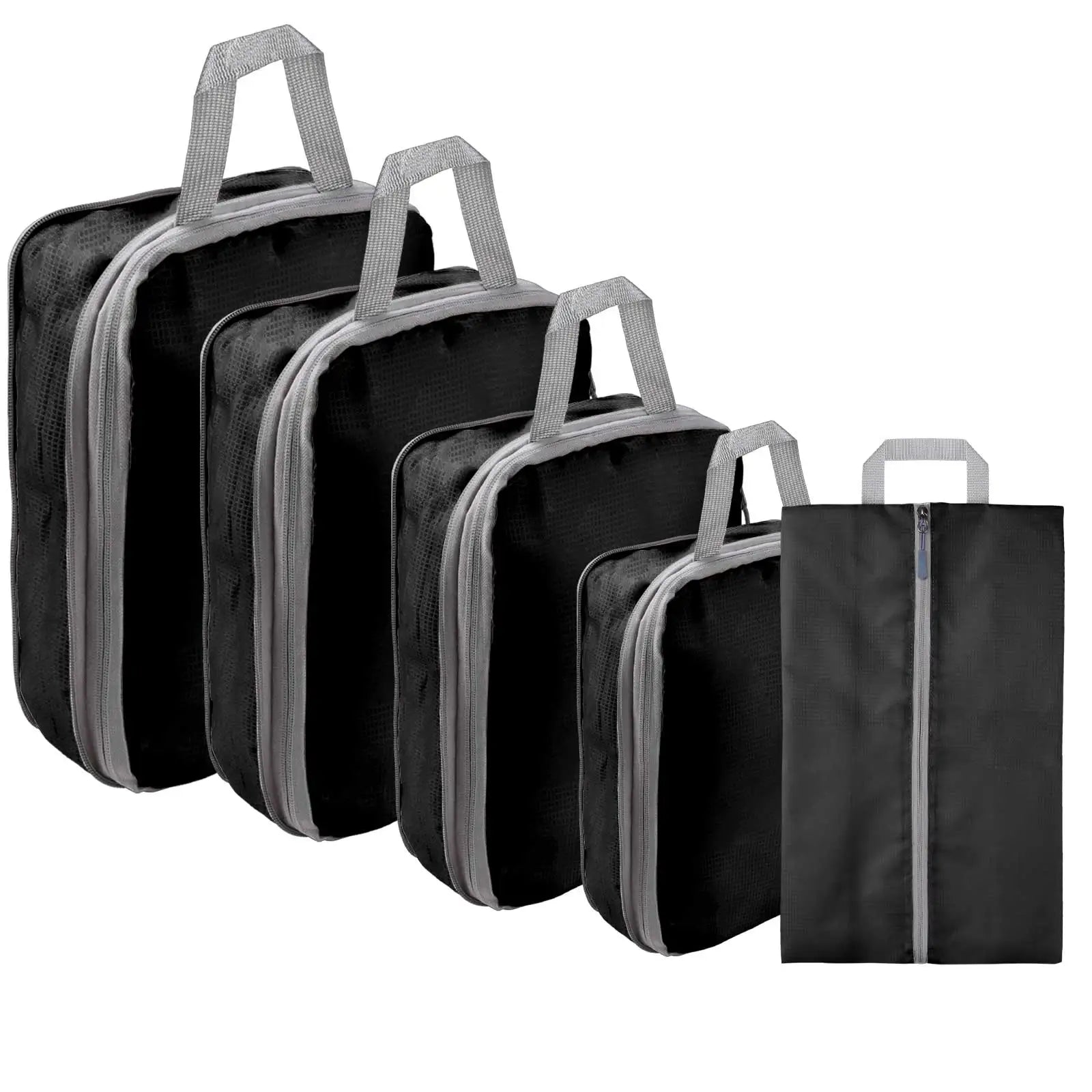 Black compression packing cubes with gray handles in multiple sizes including a matching shoe bag, ideal for organized and space-saving travel